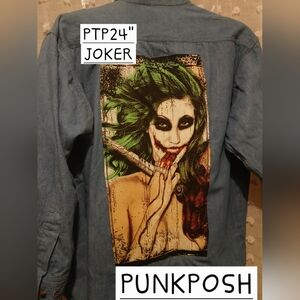 UPCYCLED FALL HORROR JOKER GRAPHIC ON FLANNEL.LINED DENIM SHIRT